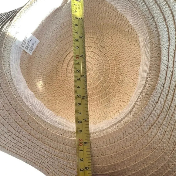 Tan wide rim floppy beach hat with navy & silver‎ ribbons - Picture 7 of 7